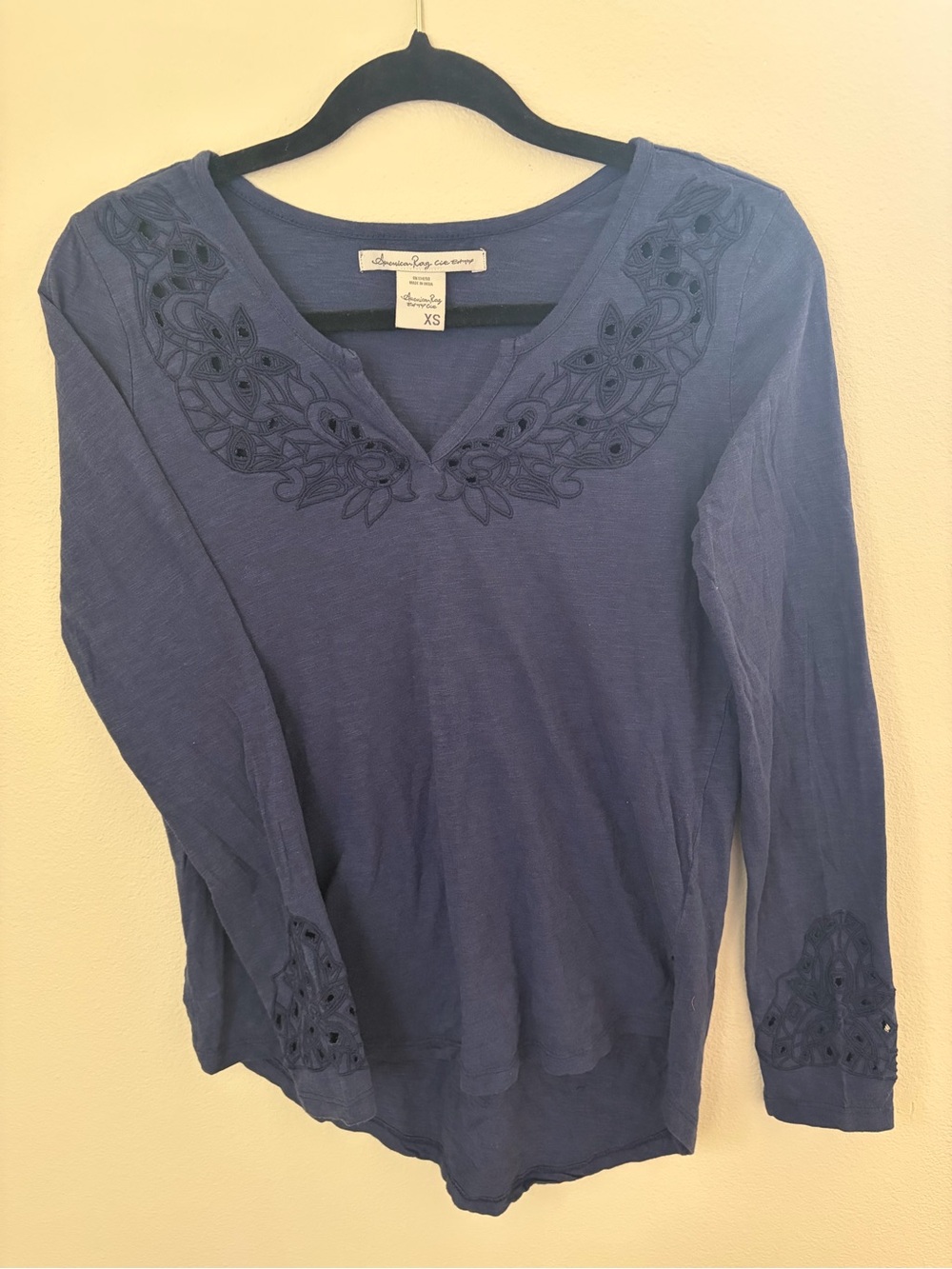 Johnny Was Indigo Blue Embroidered V-Neck Long Sleeve Top